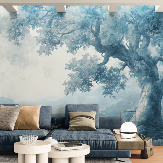 Landscape wallpaper mural in a modern living room with high ceiling
